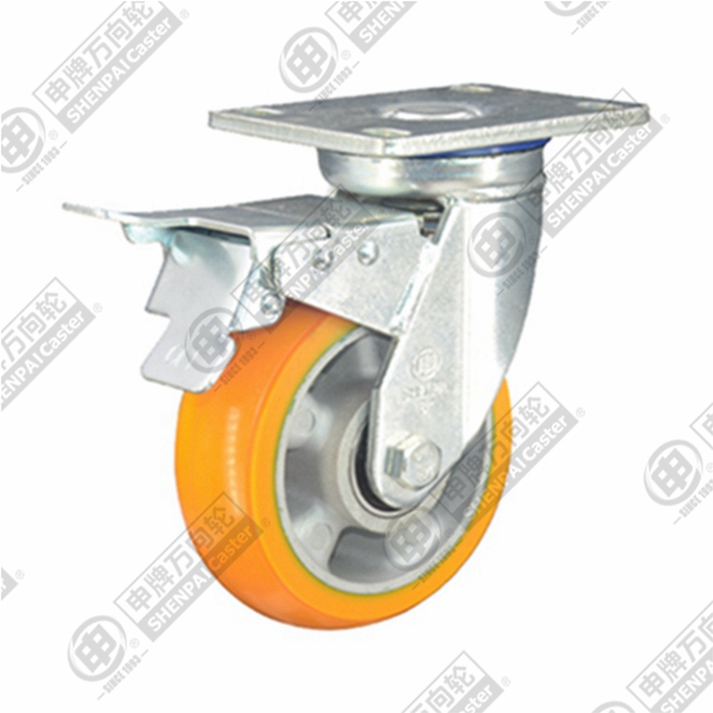 8" Top Plate Swivel Caster, Aluminum Core Polyurethane Wheel, Total Lock Brake