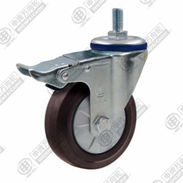 4" Threaded Stem Swivel Caster, Nylon Core Rubber Wheel, Total Lock Brake, M12*25