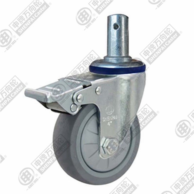 4" Round Stem Swivel Caster, Plastic-core TPE Wheel, Total Lock Brake
