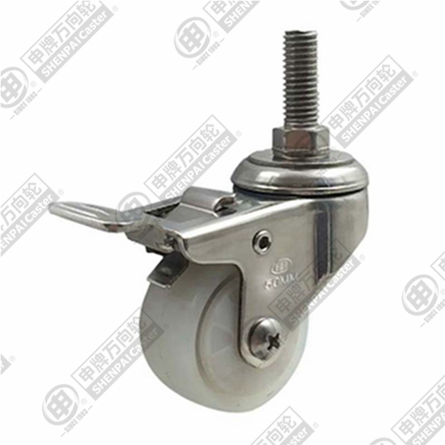 2" Threaded Stem Swivel Caster, Stainless Steel Frame, Integral Nylon Wheel, Total Lock Brake, M10*25