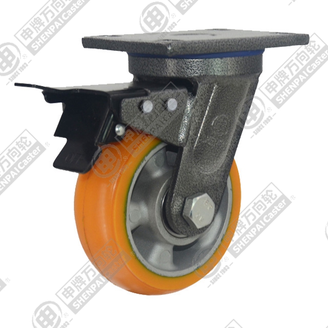 6" Top Plate Swivel Caster, Aluminum Core Polyurethane Wheel, Total Lock Brake