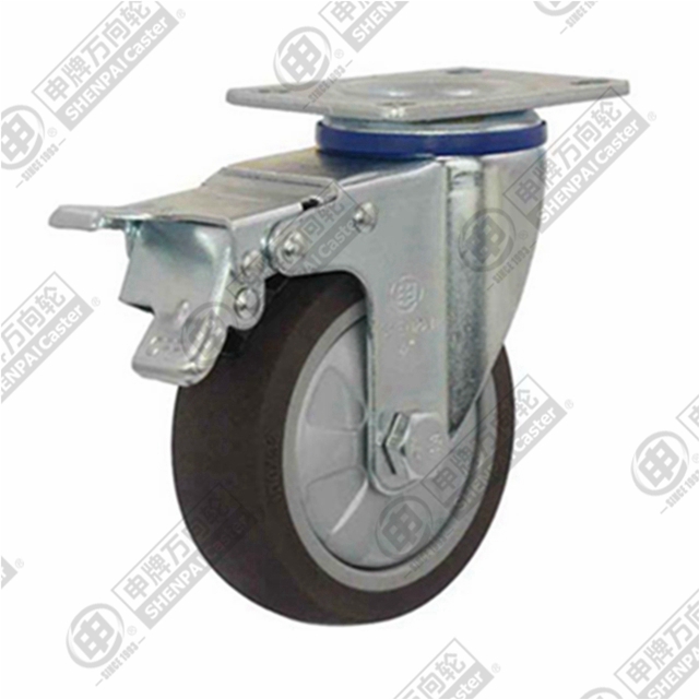 4" Top Plate Swivel Caster, Plastic-core TPE Wheel, Total Lock Brake
