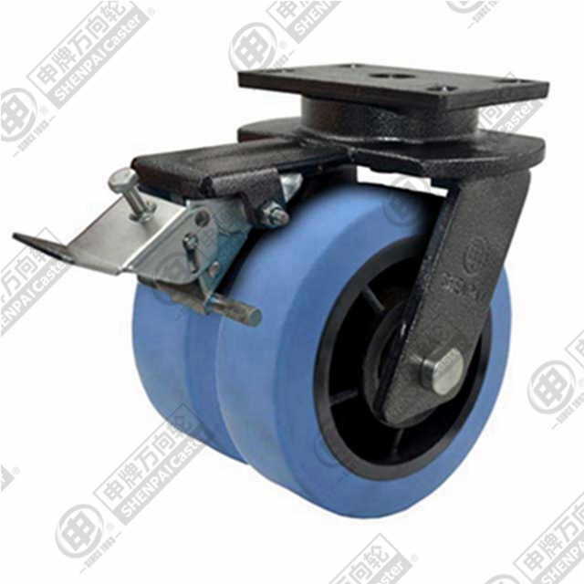 12" Top Plate Swivel Caster, Iron Core Nylon Wheel, Rear Parking Brake