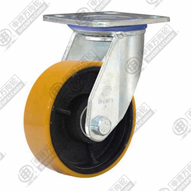 8" Top Plate Swivel Caster, Iron Core Polyurethane Wheel