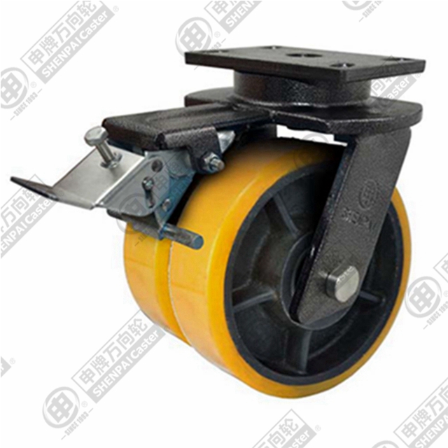 12" Top Plate Swivel Caster, Iron Core Polyurethane Wheel, Rear Parking Brake