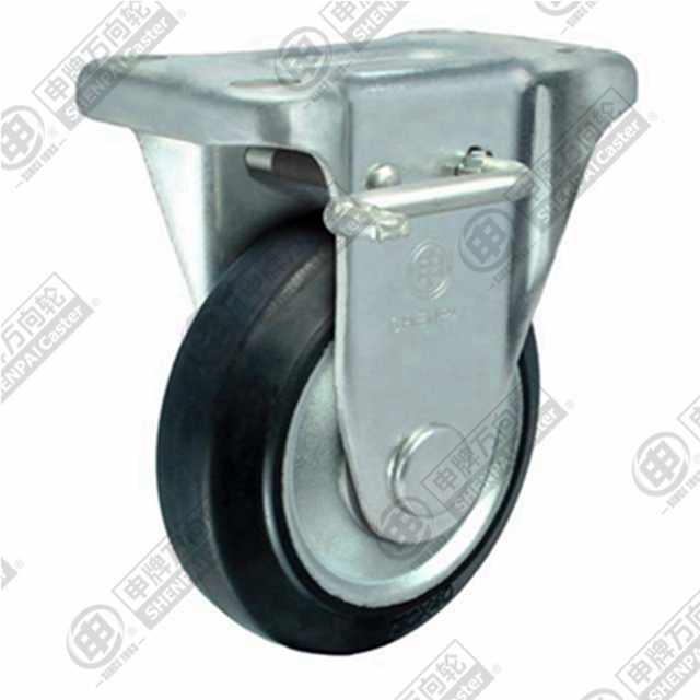 6" Top Plate Fixed Caster, Steel Core Rubber Wheel, Rear Parking Brake