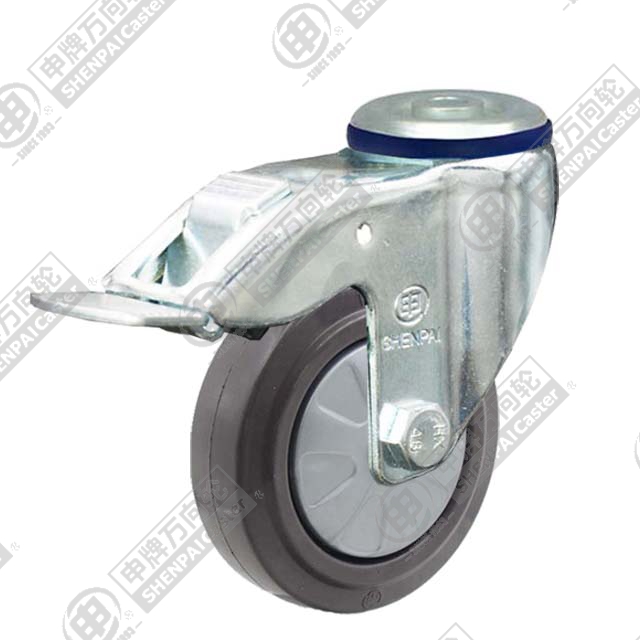 4" Bolt Hole Swivel Caster, Nylon Core Rubber Wheel, Total Lock Brake