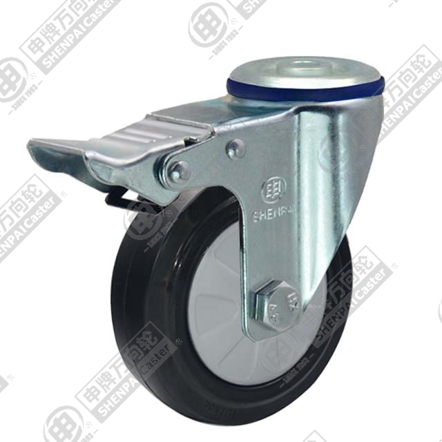 3" Bolt Hole Swivel Caster, Nylon Core Rubber Wheel, Total Lock Brake