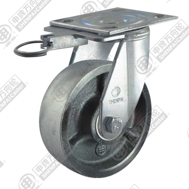 5" Top Plate Swivel Caster, Cast Iron Wheel, Direction Lock Brake
