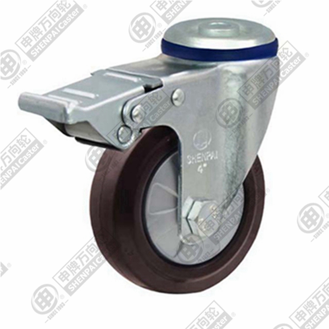 5" Bolt Hole Swivel Caster, Nylon Core Rubber Wheel, Total Lock Brake