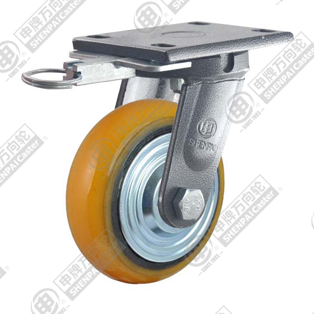 5" Top Plate Swivel Caster, Iron Core Polyurethane Wheel, Direction Lock Brake