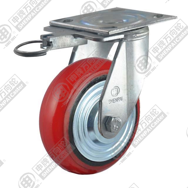 5" Top Plate Swivel Caster, Iron Core Polyurethane Wheel, Direction Lock Brake