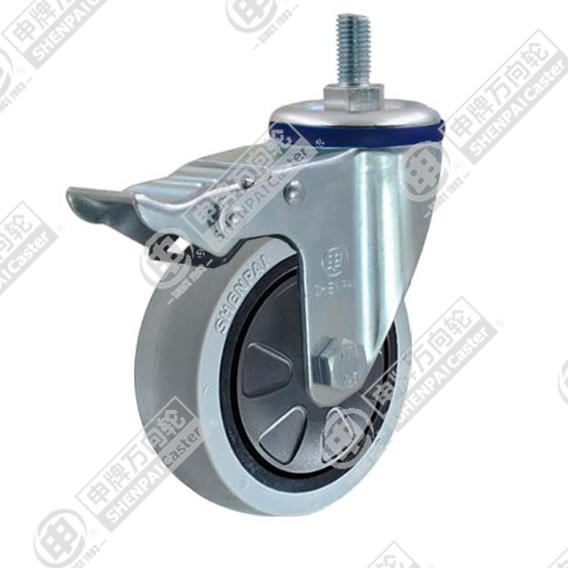5" Threaded Stem Swivel Caster, Plastic-core TPE Wheel, Total Lock Brake, M12*25