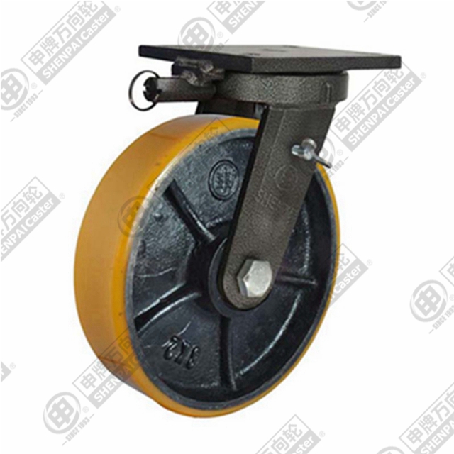 10" Top Plate Swivel Caster, Iron Core Polyurethane Wheel, Direction Lock Brake