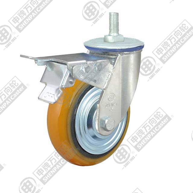 8" Threaded Stem Swivel Caster, Iron Core Polyurethane Wheel, Total Lock Brake, M20*32