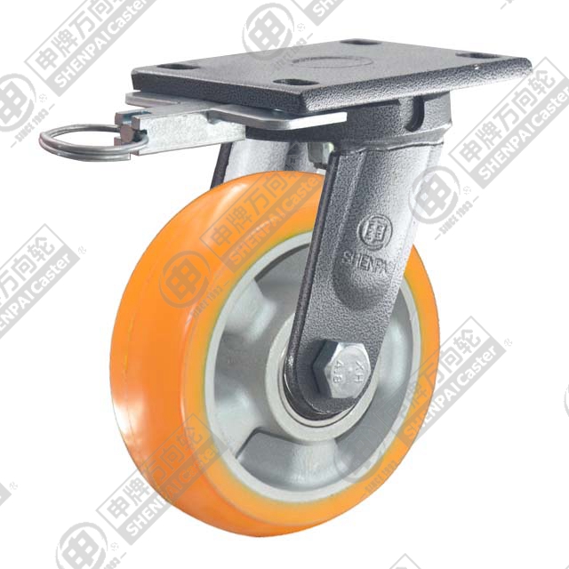 5" Top Plate Swivel Caster, Aluminum Core Polyurethane Wheel, Direction Lock Brake
