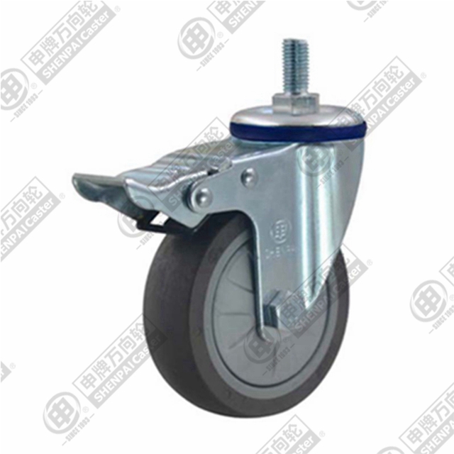 4" Threaded Stem Swivel Caster, Plastic-core TPE Wheel, Total Lock Brake, M12*25