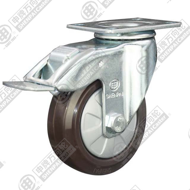 3" Top Plate Swivel Caster, Nylon Core Rubber Wheel, Total Lock Brake