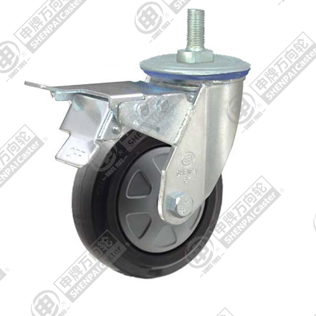 6" Threaded Stem Swivel Caster, Nylon Core Rubber Wheel, Total Lock Brake, M20*32