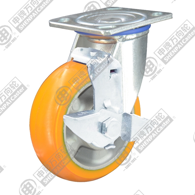 5" Top Plate Swivel Caster, Aluminum Core Polyurethane Wheel, Rear Parking Brake