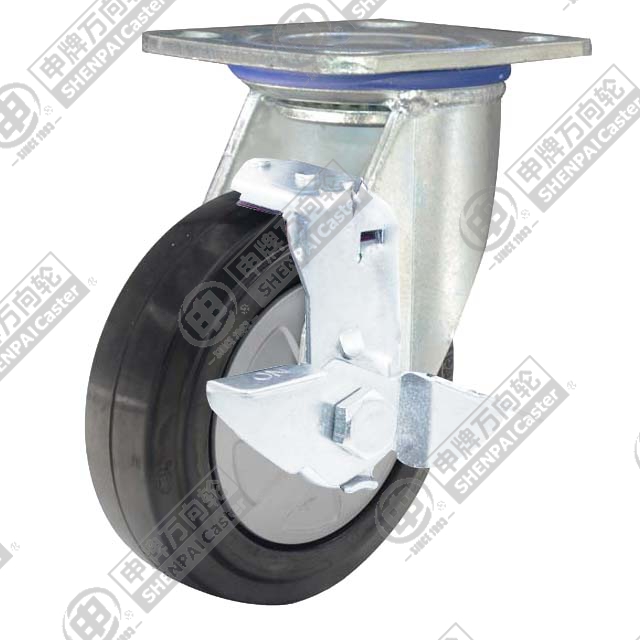 4" Top Plate Swivel Caster, Nylon Core Rubber Wheel, Rear Parking Brake