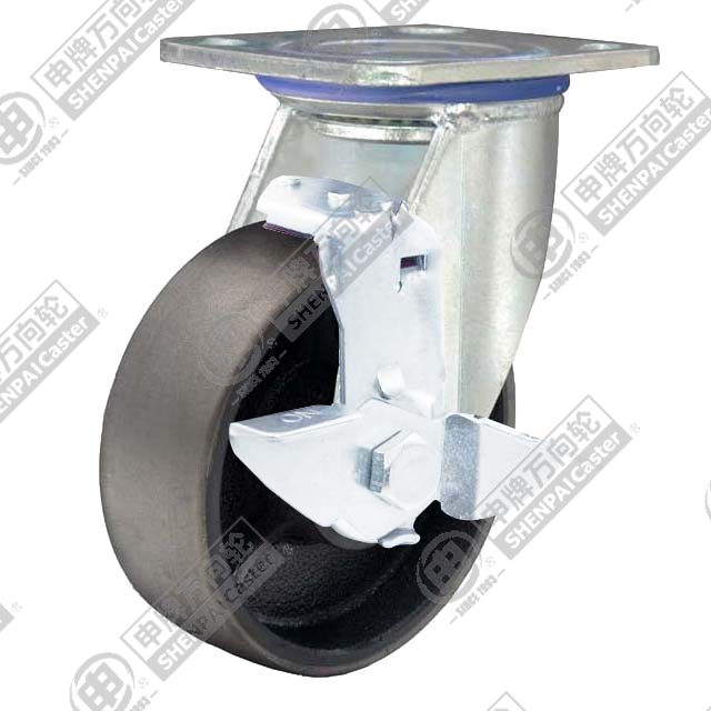 8" Top Plate Swivel Caster, Cast Iron Wheel, Rear Parking Brake