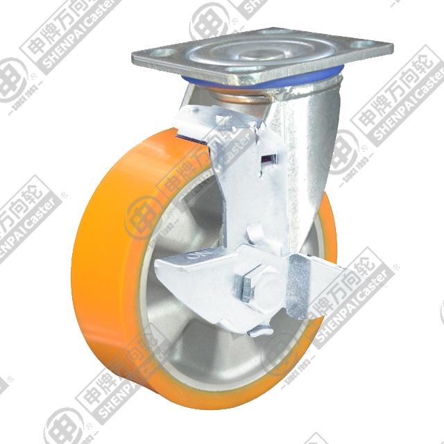 5" Top Plate Swivel Caster, Aluminum Core Polyurethane Wheel, Rear Parking Brake