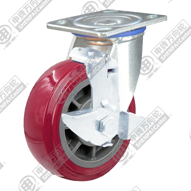 5" Top Plate Swivel Caster, Plastic-core Polyurethane Wheel, Rear Parking Brake