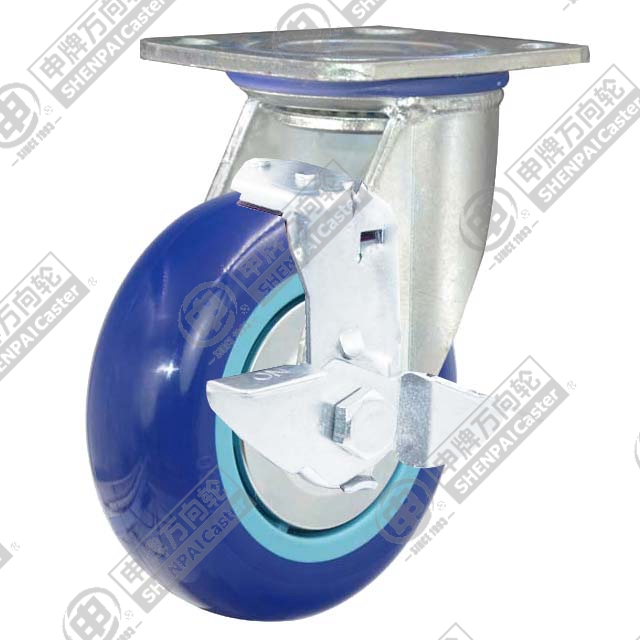 8" Top Plate Swivel Caster, Plastic-core Polyurethane Wheel, Rear Parking Brake