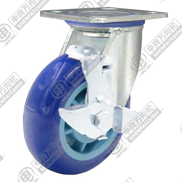 8" Top Plate Swivel Caster, Plastic-core Polyurethane Wheel, Rear Parking Brake