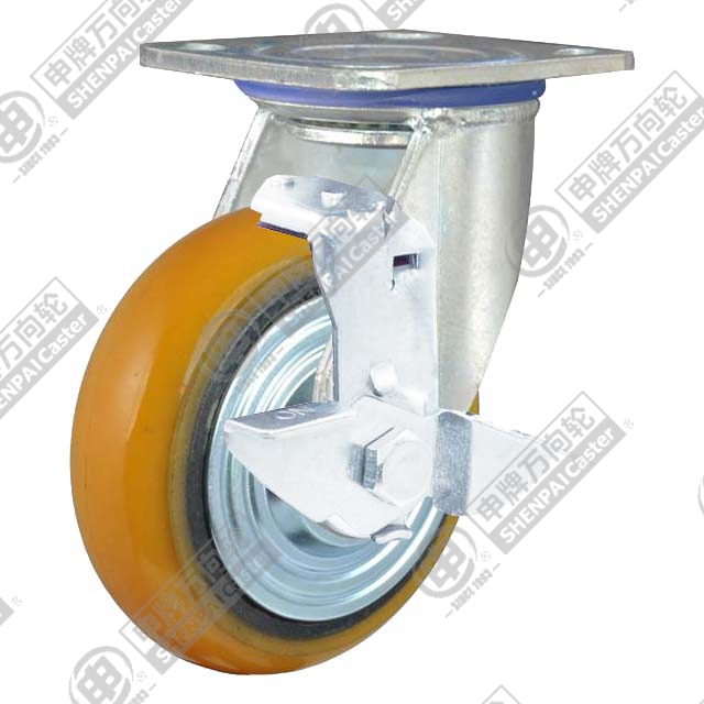 8" Top Plate Swivel Caster, Iron Core Polyurethane Wheel, Rear Parking Brake