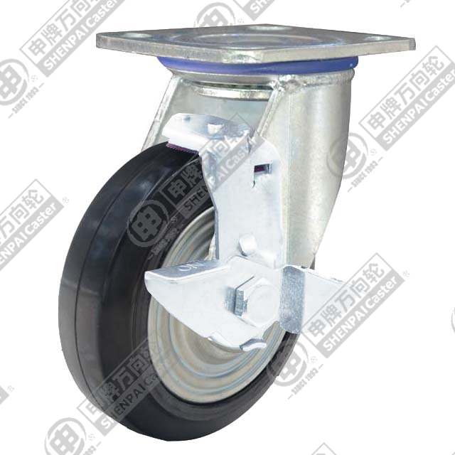 5" Top Plate Swivel Caster, Iron Core Rubber Wheel, Rear Parking Brake