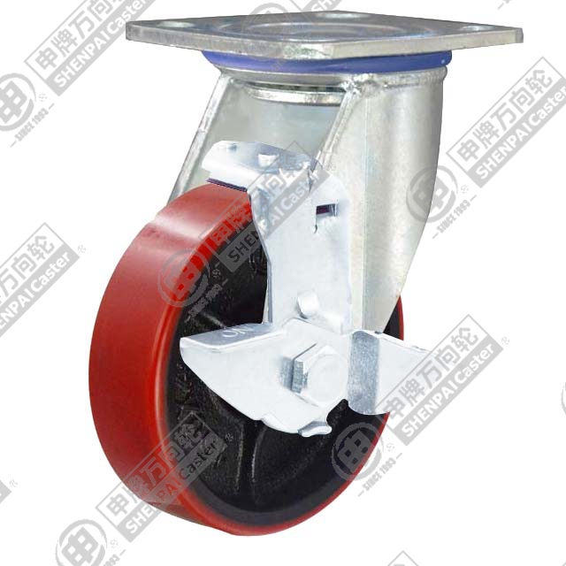 5" Top Plate Swivel Caster, Iron Core Polyurethane Wheel, Rear Parking Brake