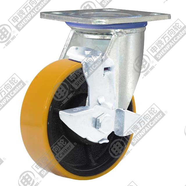 5" Top Plate Swivel Caster, Iron Core Polyurethane Wheel, Rear Parking Brake