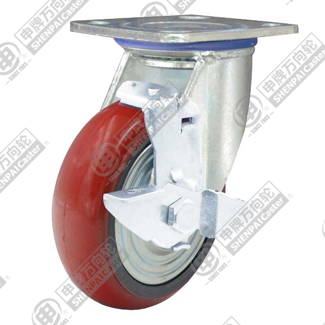 5" Top Plate Swivel Caster, Iron Core Polyurethane Wheel, Rear Parking Brake