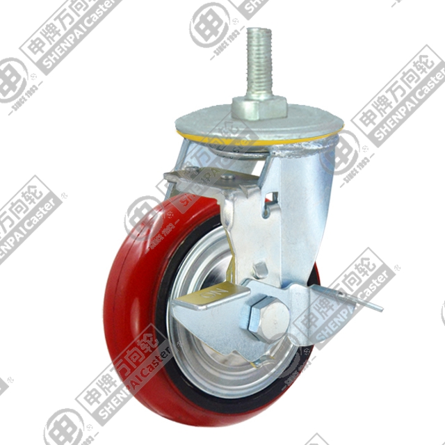 5" Threaded Stem Swivel Caster, Iron Core Polyurethane Wheel, Rear Parking Brake, M20*32