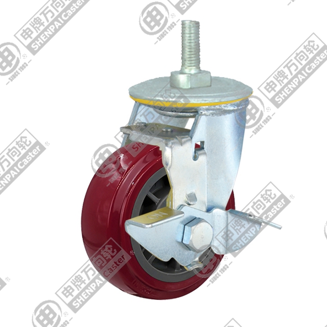 4" Threaded Stem Swivel Caster, Plastic-core Polyurethane Wheel, Rear Parking Brake, M20*32