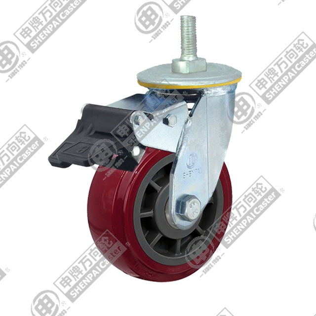 4" Threaded Stem Swivel Caster, Plastic-core Polyurethane Wheel, Total Lock Brake, M20*32