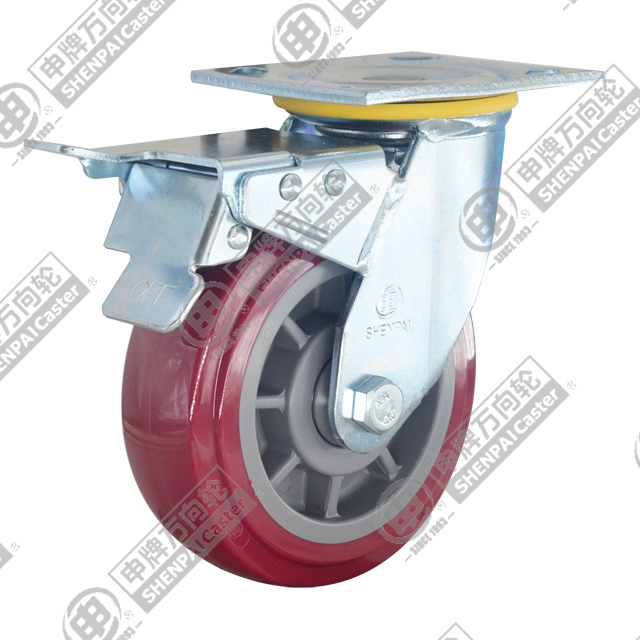 4" Top Plate Swivel Caster, Plastic-core Polyurethane Wheel, Total Lock Brake