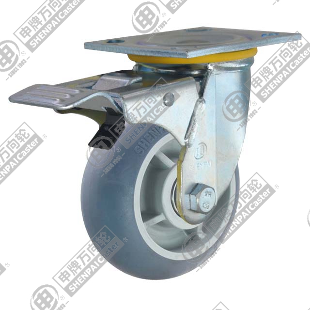 5" Top Plate Swivel Caster, Plastic-core TPE Wheel, Rear Parking Brake