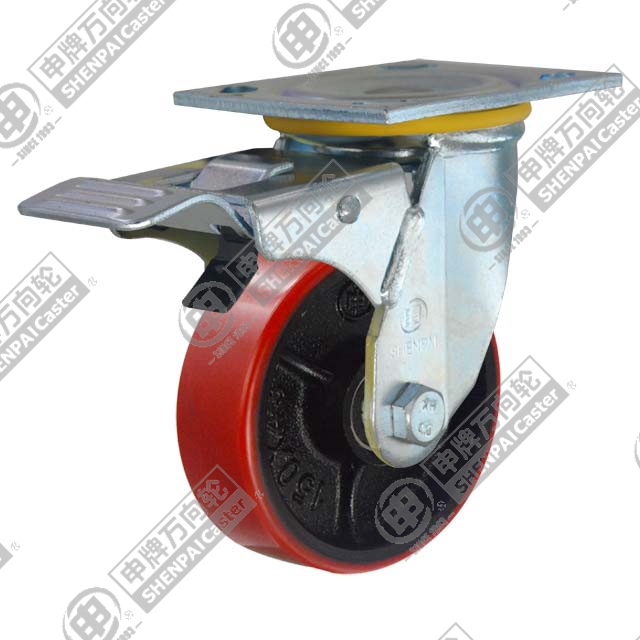 5" Top Plate Swivel Caster, Iron Core Polyurethane Wheel, Total Lock Brake