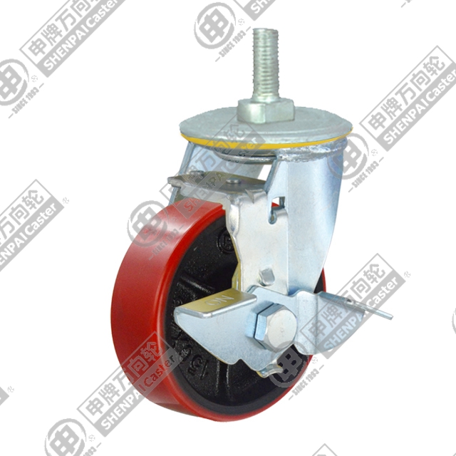 5" Threaded Stem Swivel Caster, Iron Core Polyurethane Wheel, Rear Parking Brake, M20*32