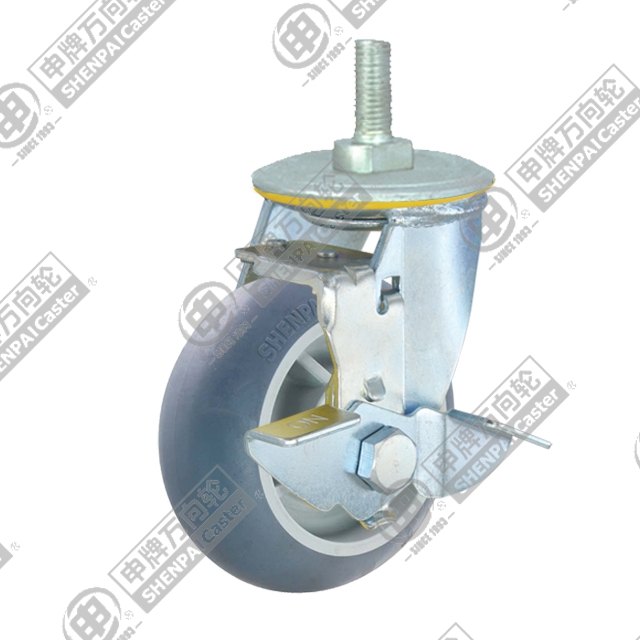 5" Threaded Stem Swivel Caster, Plastic-core TPE Wheel, Rear Parking Brake, M20*45