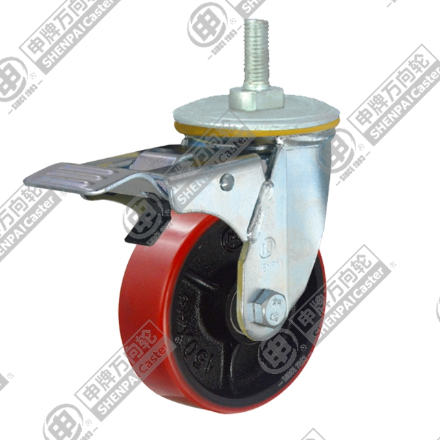 6" Threaded Stem Swivel Caster, Iron Core Polyurethane Wheel, Total Lock Brake, M20*32