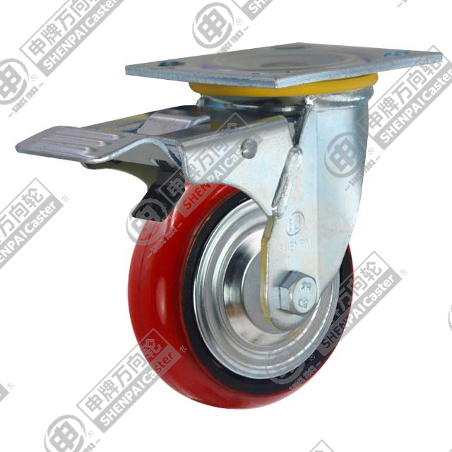 8" Top Plate Swivel Caster, Iron Core Polyurethane Wheel, Total Lock Brake
