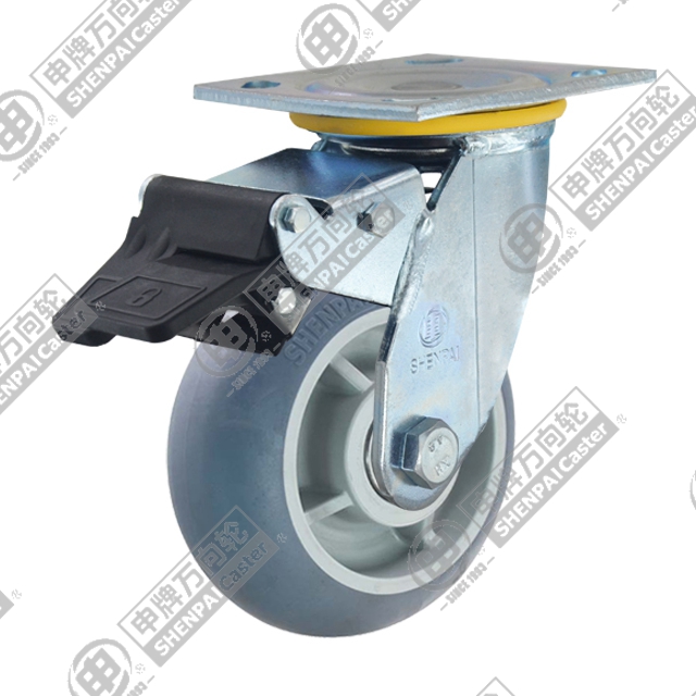 5" Top Plate Swivel Caster, Plastic-core TPE Wheel, Rear Parking Brake