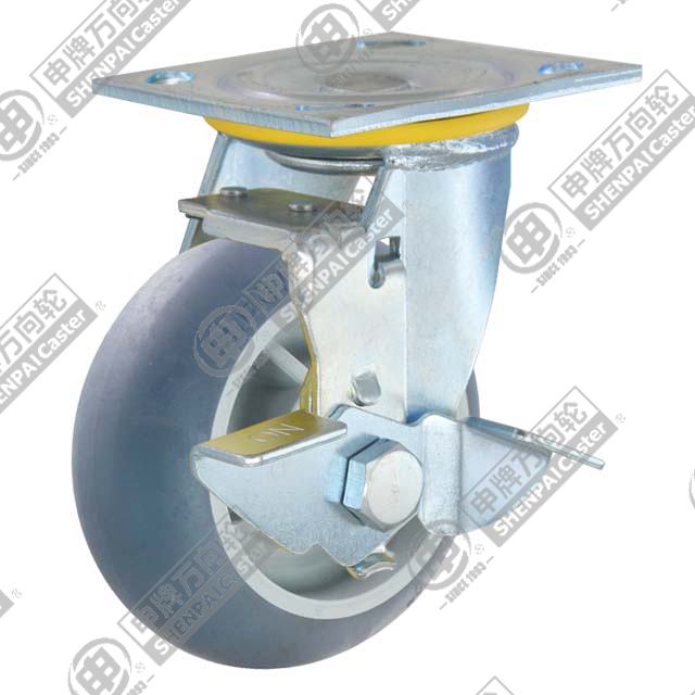 8" Top Plate Swivel Caster, Plastic-core TPE Wheel, Rear Parking Brake
