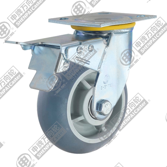 5" Top Plate Swivel Caster, Plastic-core TPE Wheel, Rear Parking Brake