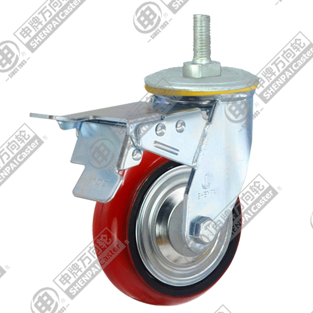5" Threaded Stem Swivel Caster, Iron Core Polyurethane Wheel, Total Lock Brake, M20*32