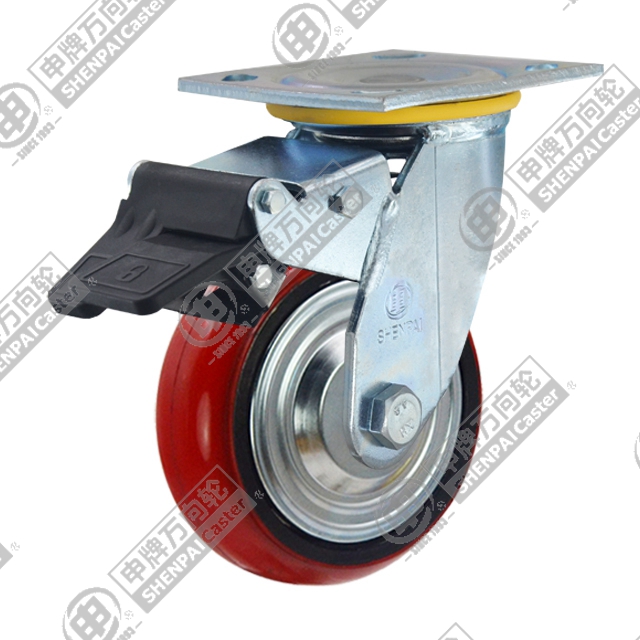 5" Top Plate Swivel Caster, Iron Core Polyurethane Wheel, Total Lock Brake